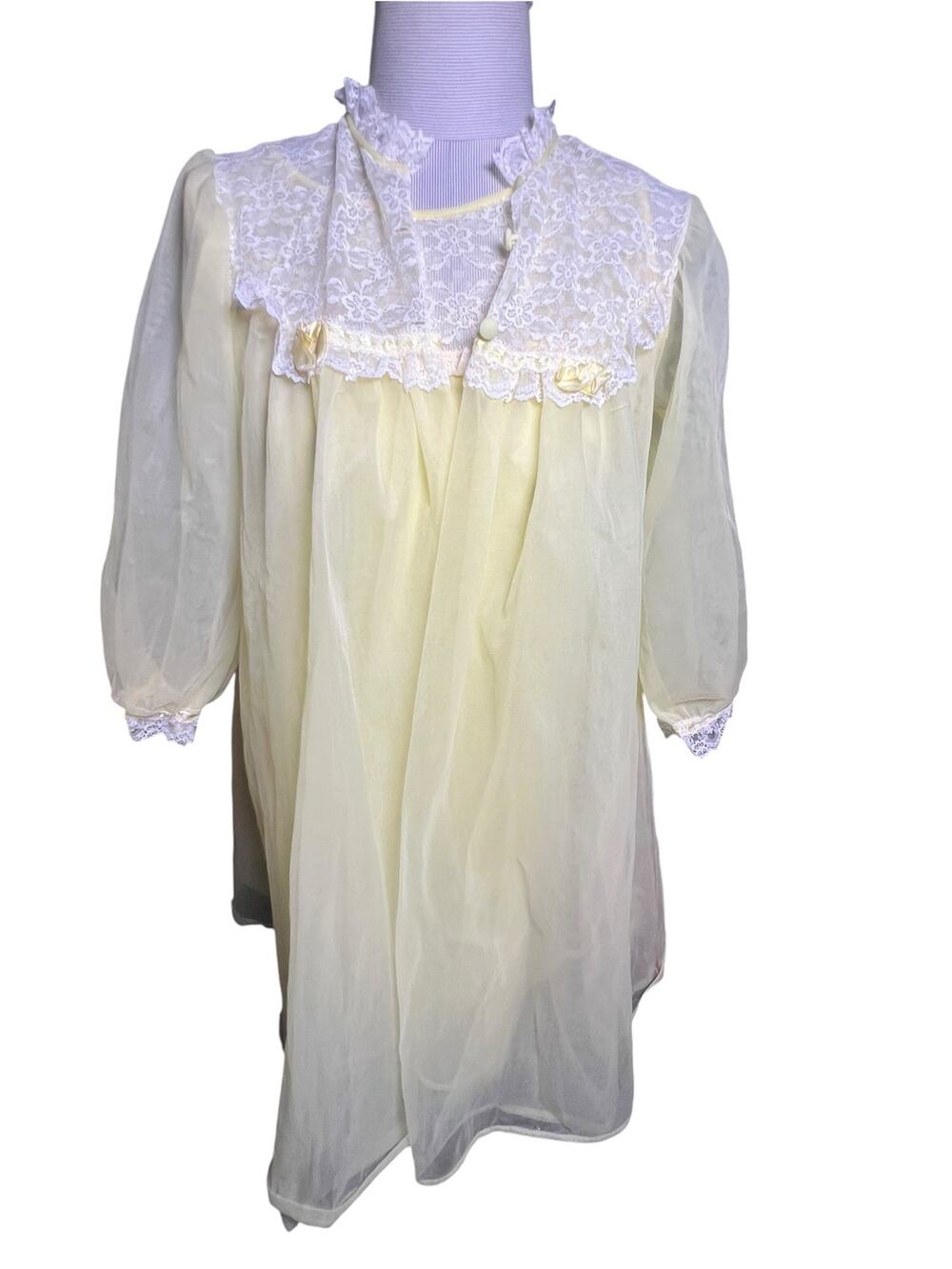 Gaymode Retro 2Pc Peignoir Set Yellow Lace Sheer Robe babydoll dress Nightgown S